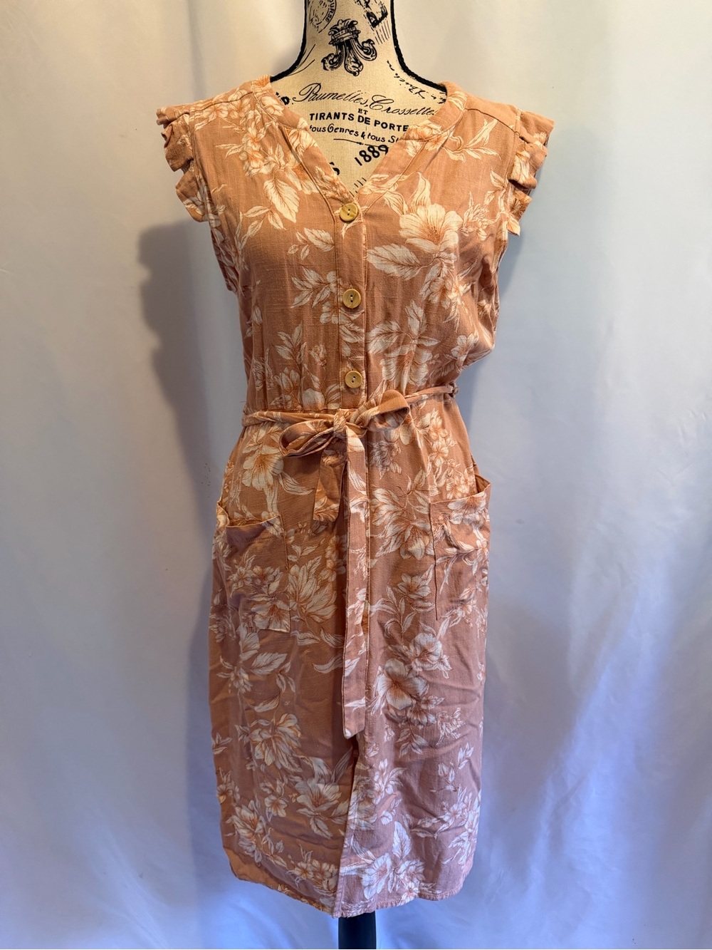 Monteau Peach Floral Tie-Waist Midi Dress
